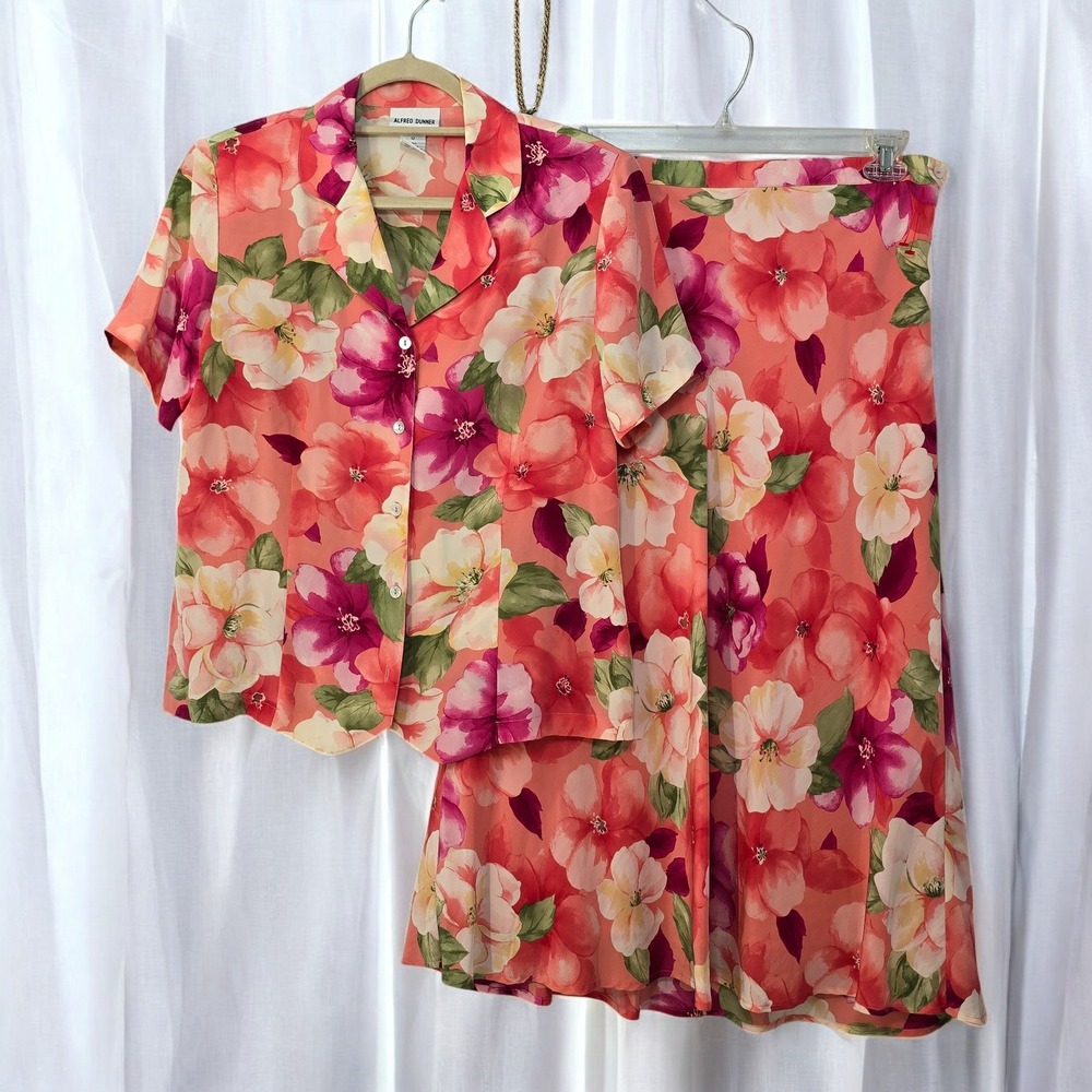 Alfred Dunner Floral Silk Skirt Set Woman 12 Pink Bohemian Feminine Flowy Light